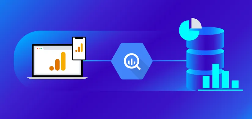 Illustration of a data pipeline: analytics from web and mobile flow through BigQuery into a database and charts
