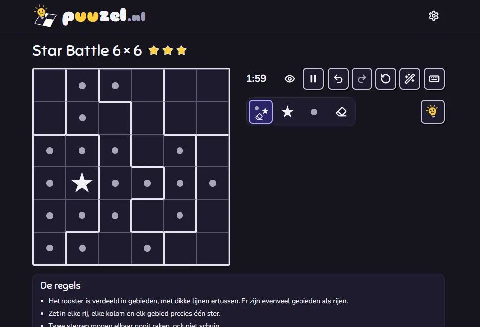 A Star Battle 6×6 puzzle with a step-by-step hint explaining the solving technique