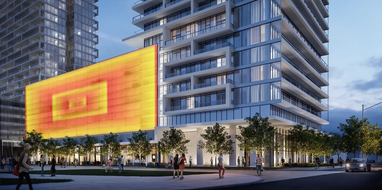 Rendering of a work by Rafaël Rozendaal on a large building facade in Toronto at dusk